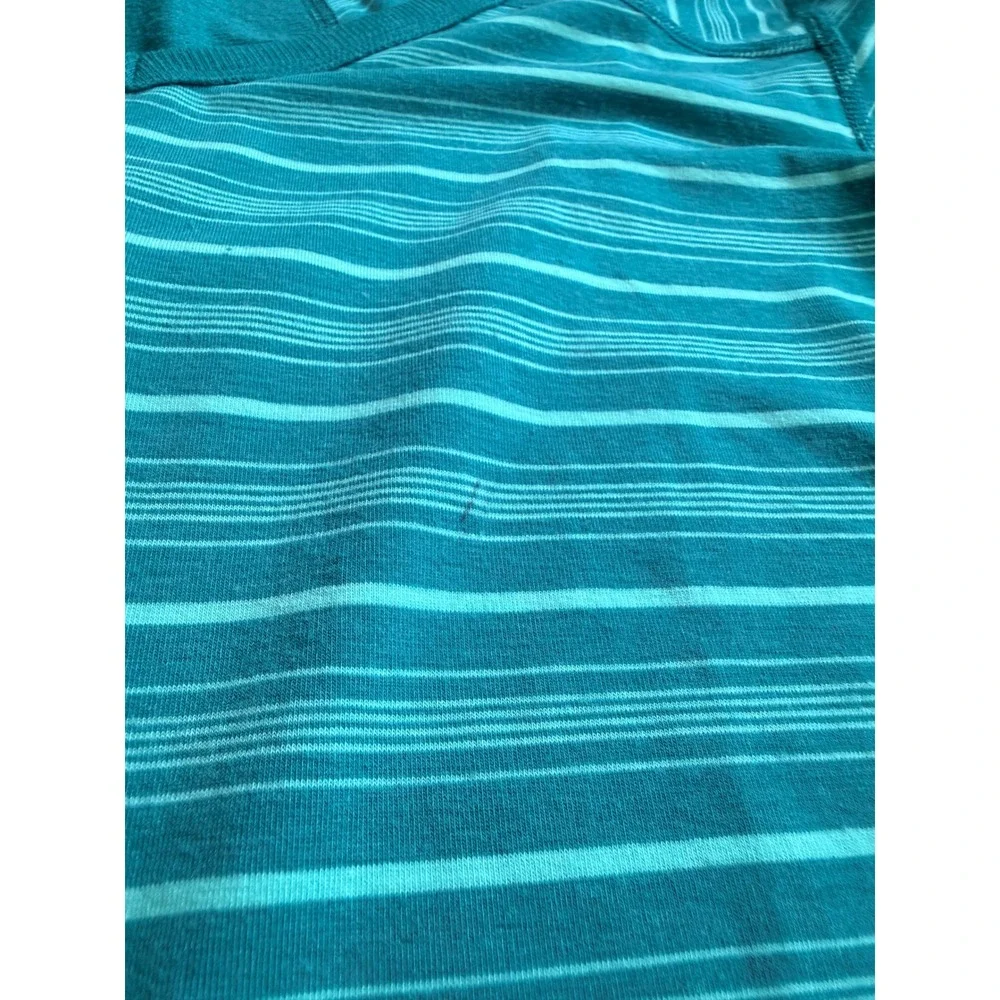 Marmot Womens Teal Striped V-Neck Activewear T-Shirt Size Large Short Sleeve‎